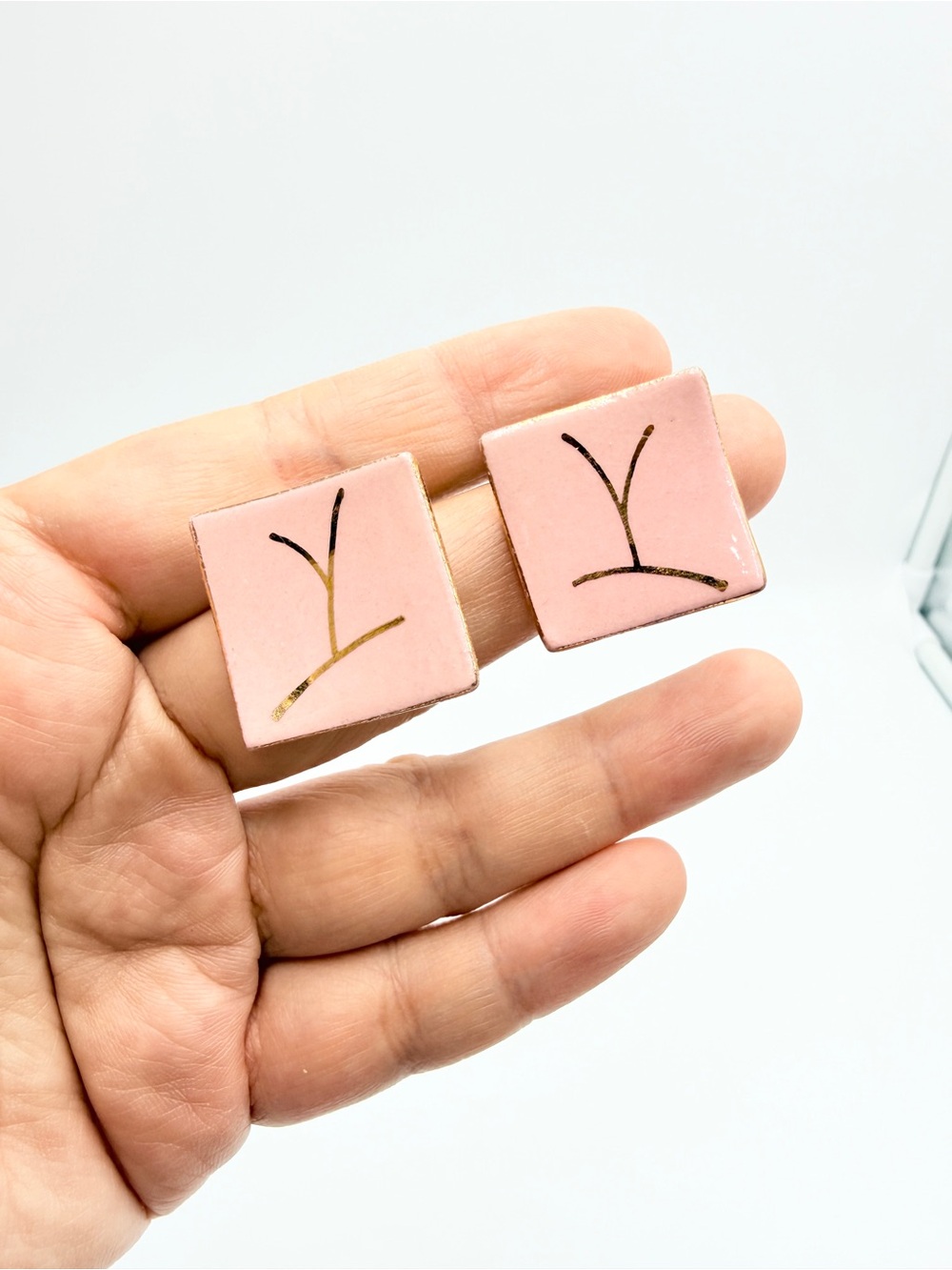 Vintage Pink Enamel Square Clip-On Earrings Abstract Gold Design